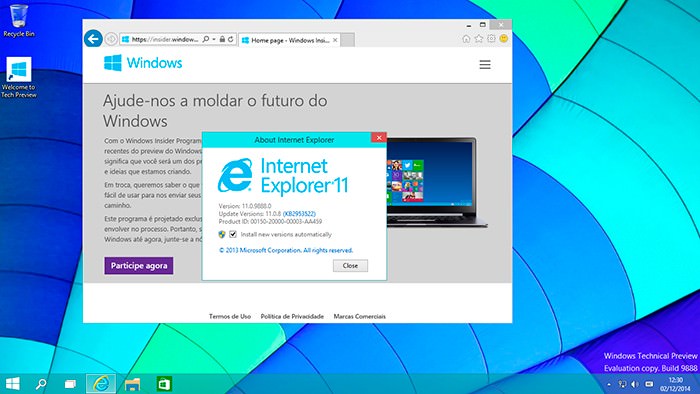 Internet Explorer 11 (o 12 deve ser introduzido só com o Windows 10 Consumer Preview)