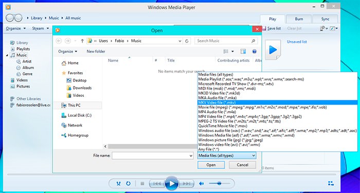 MKV e outros formatos no suportados no Windows Media Player (o FLAC ainda não aparece na lista)